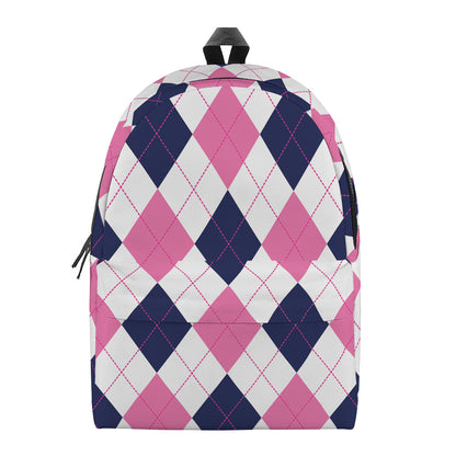 White Blue And Pink Argyle Pattern Print Backpack