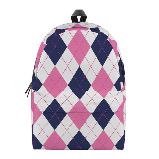 White Blue And Pink Argyle Pattern Print Backpack