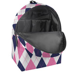 White Blue And Pink Argyle Pattern Print Backpack