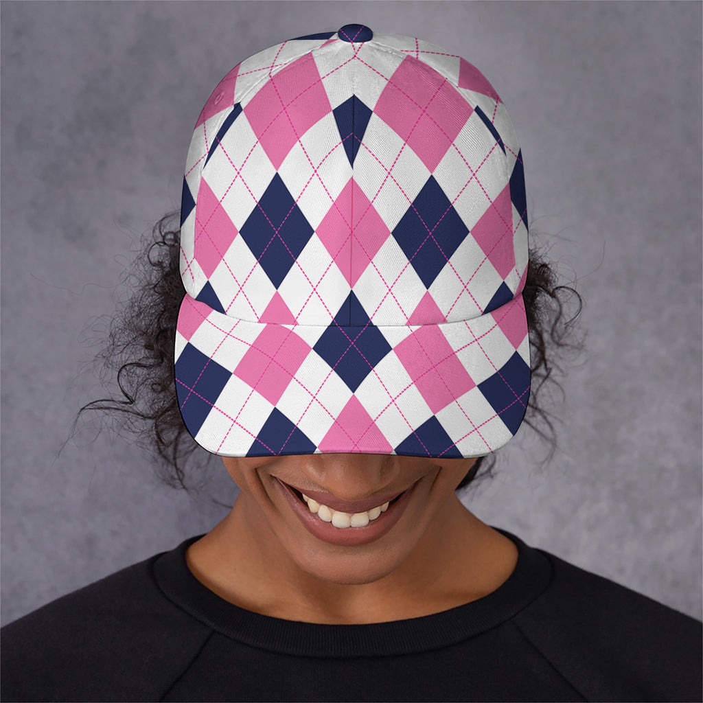 White Blue And Pink Argyle Pattern Print Baseball Cap
