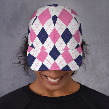 White Blue And Pink Argyle Pattern Print Baseball Cap