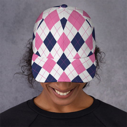 White Blue And Pink Argyle Pattern Print Baseball Cap