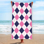 White Blue And Pink Argyle Pattern Print Beach Towel
