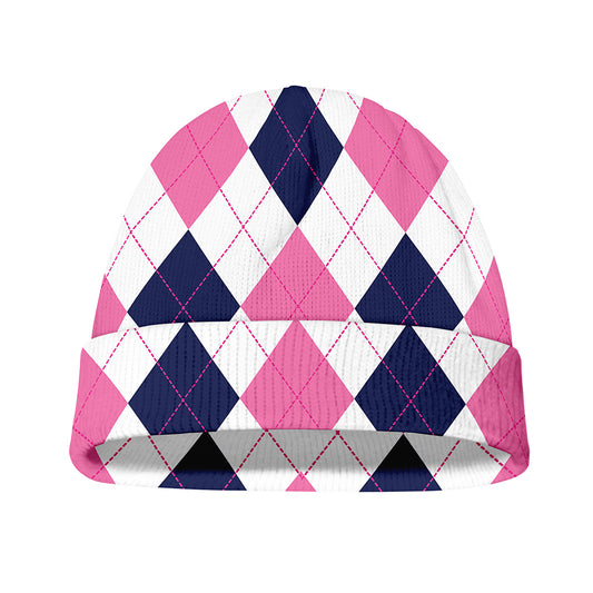 White Blue And Pink Argyle Pattern Print Beanie