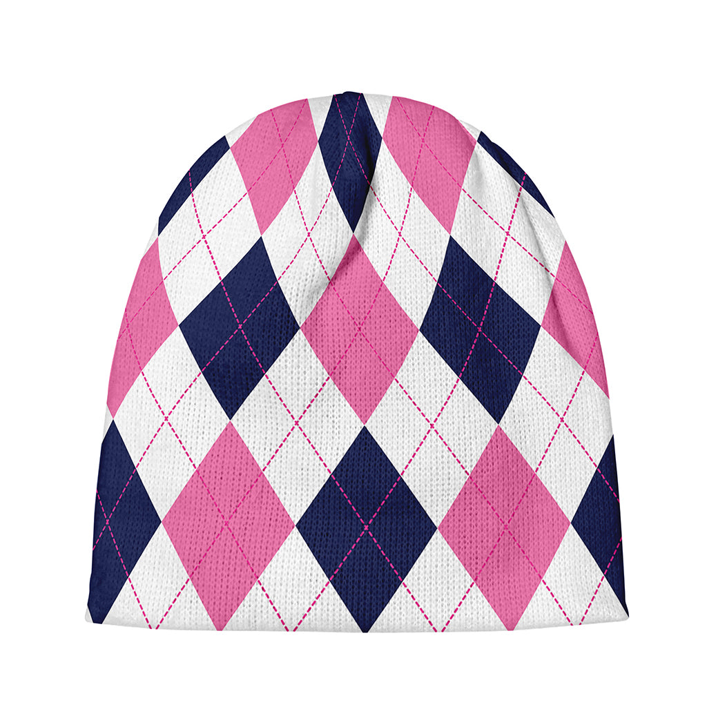 White Blue And Pink Argyle Pattern Print Beanie