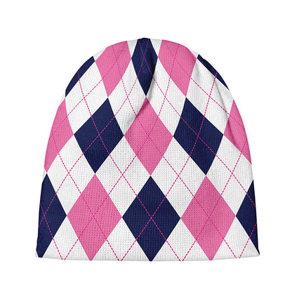 White Blue And Pink Argyle Pattern Print Beanie