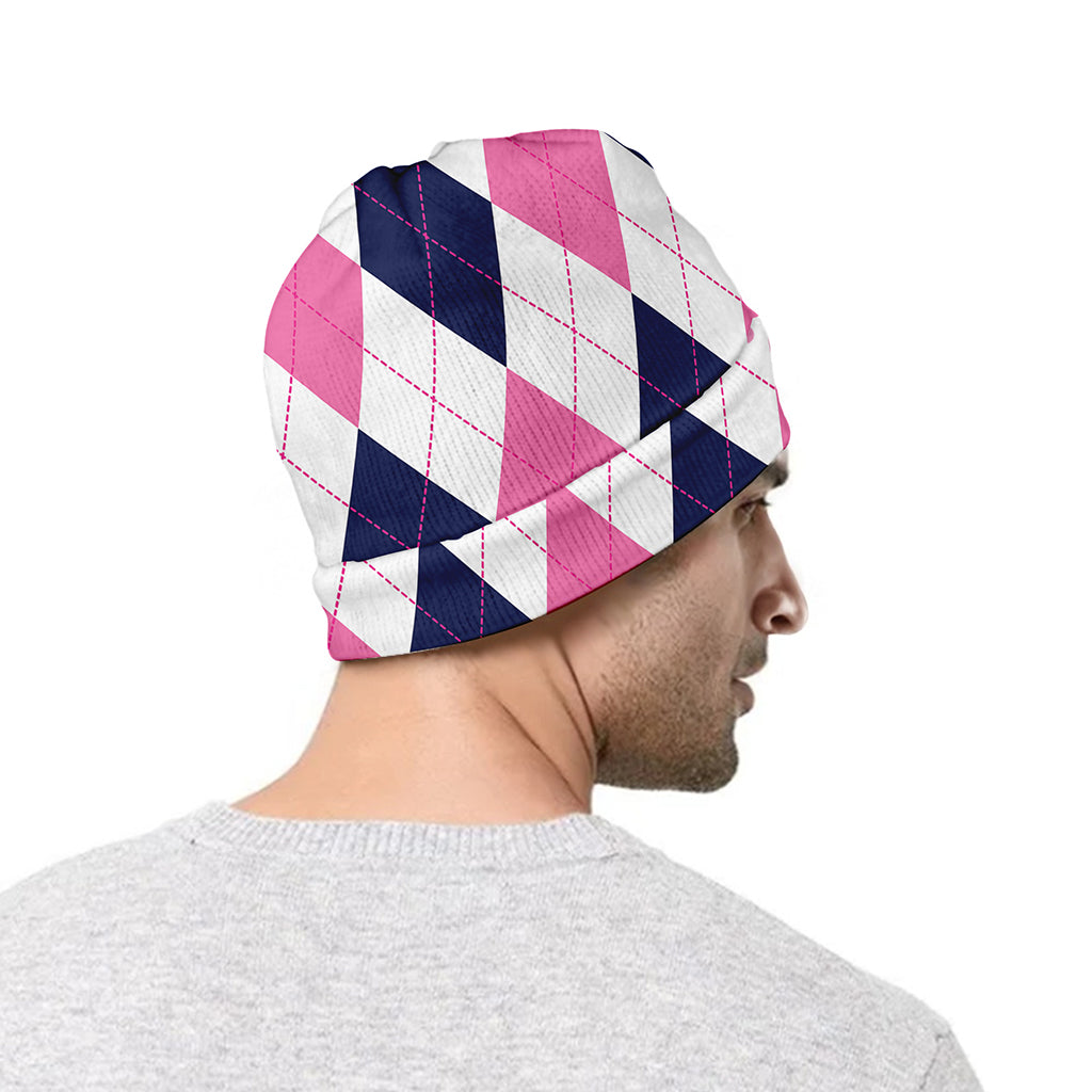 White Blue And Pink Argyle Pattern Print Beanie