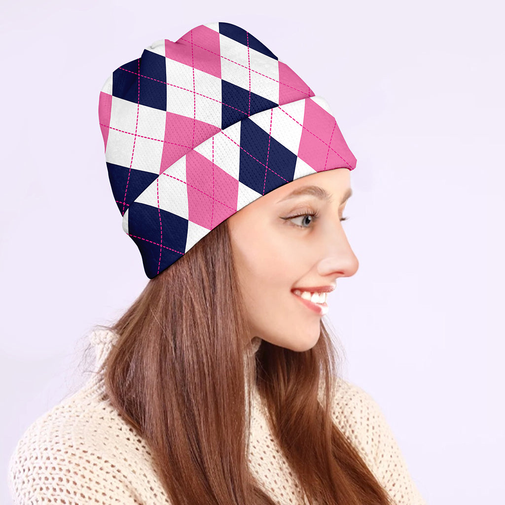 White Blue And Pink Argyle Pattern Print Beanie