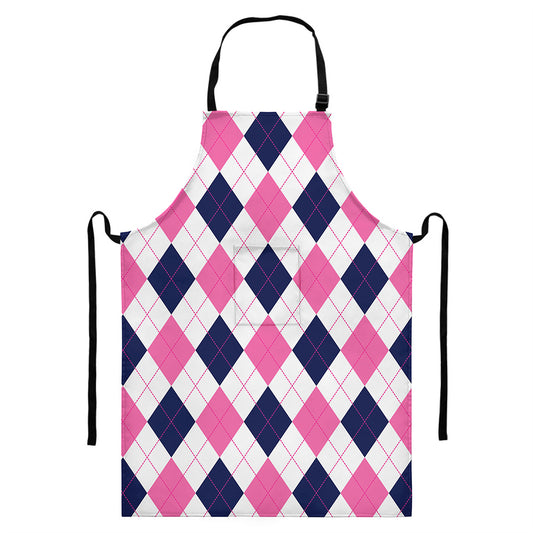 White Blue And Pink Argyle Pattern Print Bib Apron With Pocket
