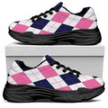 White Blue And Pink Argyle Pattern Print Black Chunky Shoes