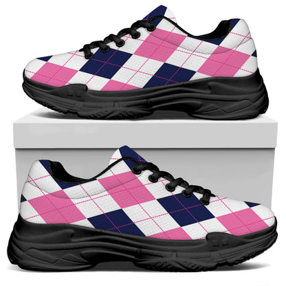 White Blue And Pink Argyle Pattern Print Black Chunky Shoes