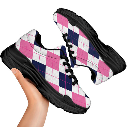 White Blue And Pink Argyle Pattern Print Black Chunky Shoes