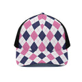 White Blue And Pink Argyle Pattern Print Black Mesh Trucker Hat
