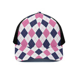 White Blue And Pink Argyle Pattern Print Black Mesh Trucker Cap