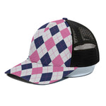 White Blue And Pink Argyle Pattern Print Black Mesh Trucker Cap