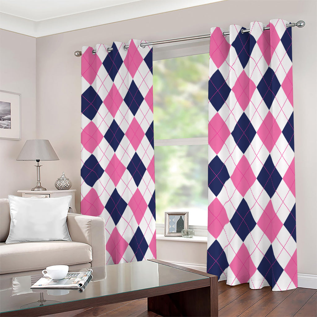 White Blue And Pink Argyle Pattern Print Blackout Grommet Curtains