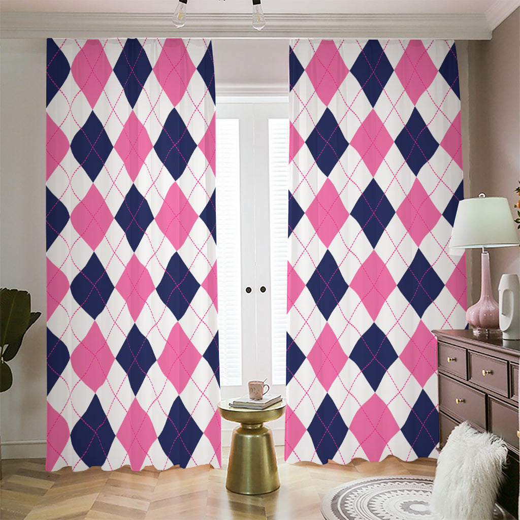 White Blue And Pink Argyle Pattern Print Blackout Pencil Pleat Curtains