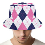 White Blue And Pink Argyle Pattern Print Bucket Hat