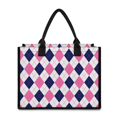White Blue And Pink Argyle Pattern Print Canvas Tote Bag