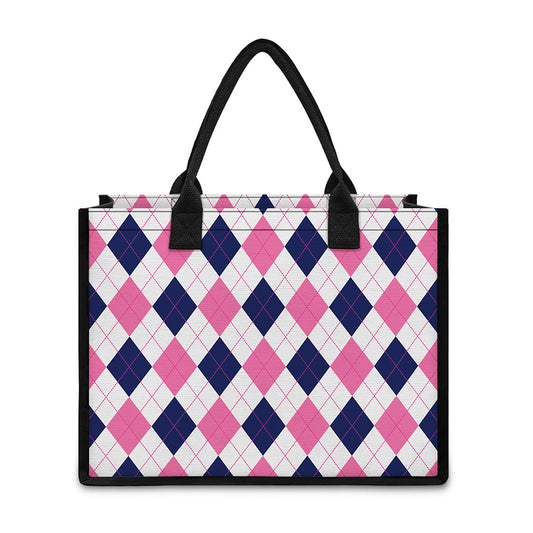 White Blue And Pink Argyle Pattern Print Canvas Tote Bag