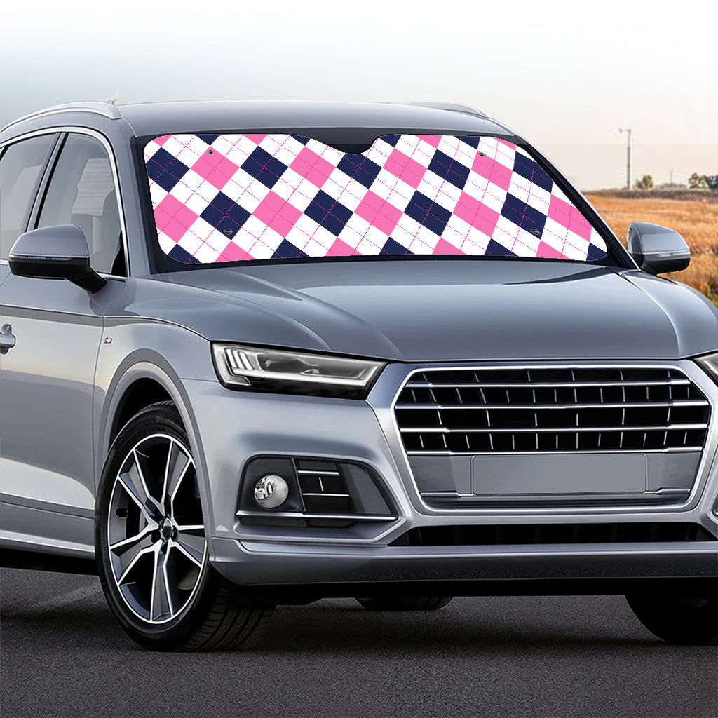 White Blue And Pink Argyle Pattern Print Car Windshield Sun Shade