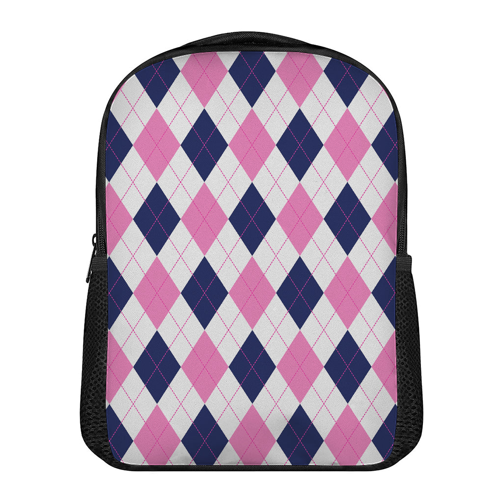 White Blue And Pink Argyle Pattern Print Casual Backpack