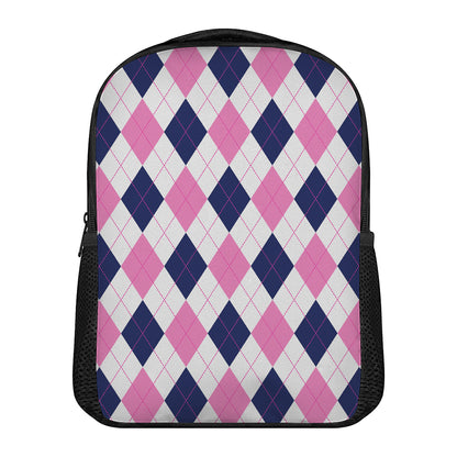 White Blue And Pink Argyle Pattern Print Casual Backpack
