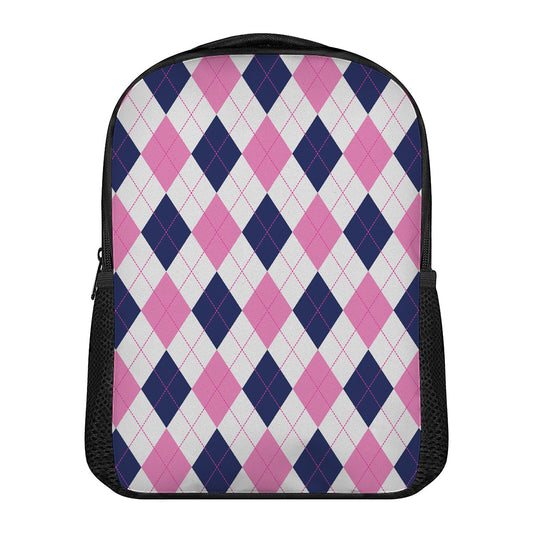 White Blue And Pink Argyle Pattern Print Casual Backpack