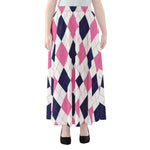 White Blue And Pink Argyle Pattern Print Chiffon Maxi Skirt