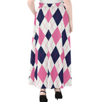 White Blue And Pink Argyle Pattern Print Chiffon Maxi Skirt