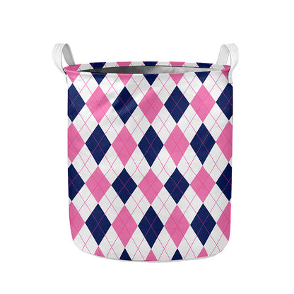 White Blue And Pink Argyle Pattern Print Collapsible Laundry Basket