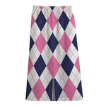 White Blue And Pink Argyle Pattern Print Cotton Front Slit Maxi Skirt