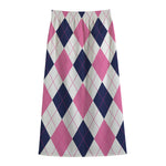 White Blue And Pink Argyle Pattern Print Cotton Front Slit Maxi Skirt