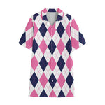 White Blue And Pink Argyle Pattern Print Cotton Hawaiian Shirt