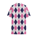 White Blue And Pink Argyle Pattern Print Cotton Hawaiian Shirt