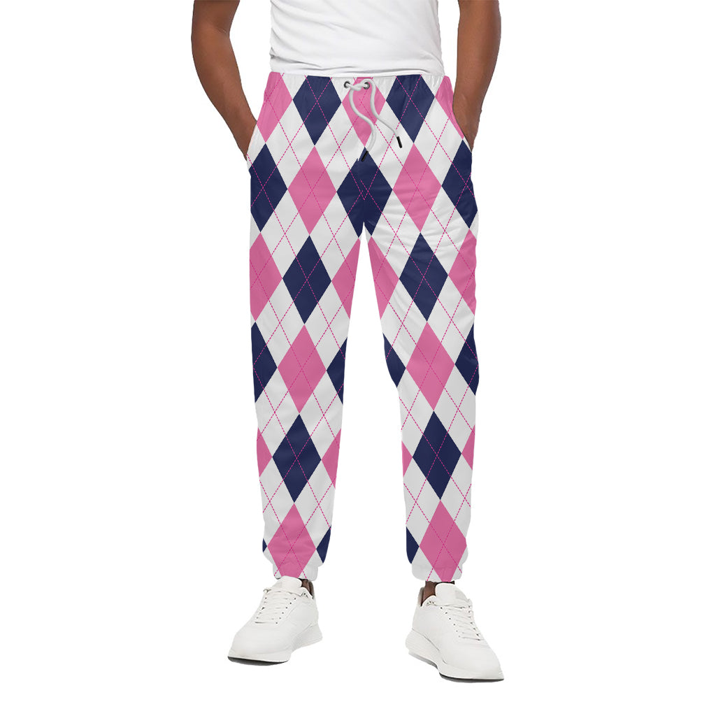 White Blue And Pink Argyle Pattern Print Cotton Pants
