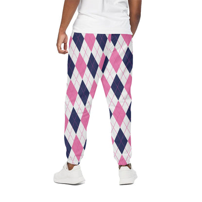 White Blue And Pink Argyle Pattern Print Cotton Pants