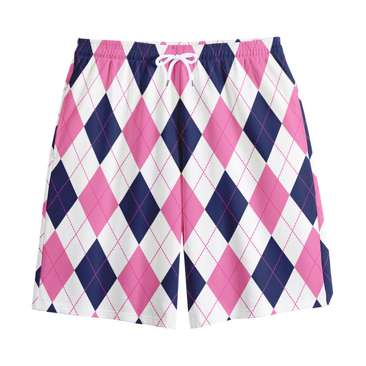 White Blue And Pink Argyle Pattern Print Cotton Shorts
