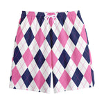 White Blue And Pink Argyle Pattern Print Cotton Shorts