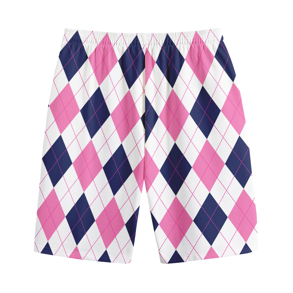 White Blue And Pink Argyle Pattern Print Cotton Shorts