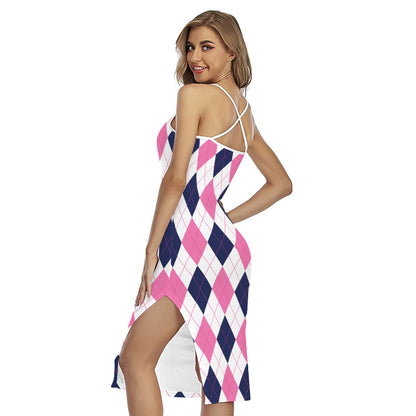White Blue And Pink Argyle Pattern Print Cross Back Cami Dress