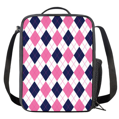 White Blue And Pink Argyle Pattern Print Crossbody Lunch Bag