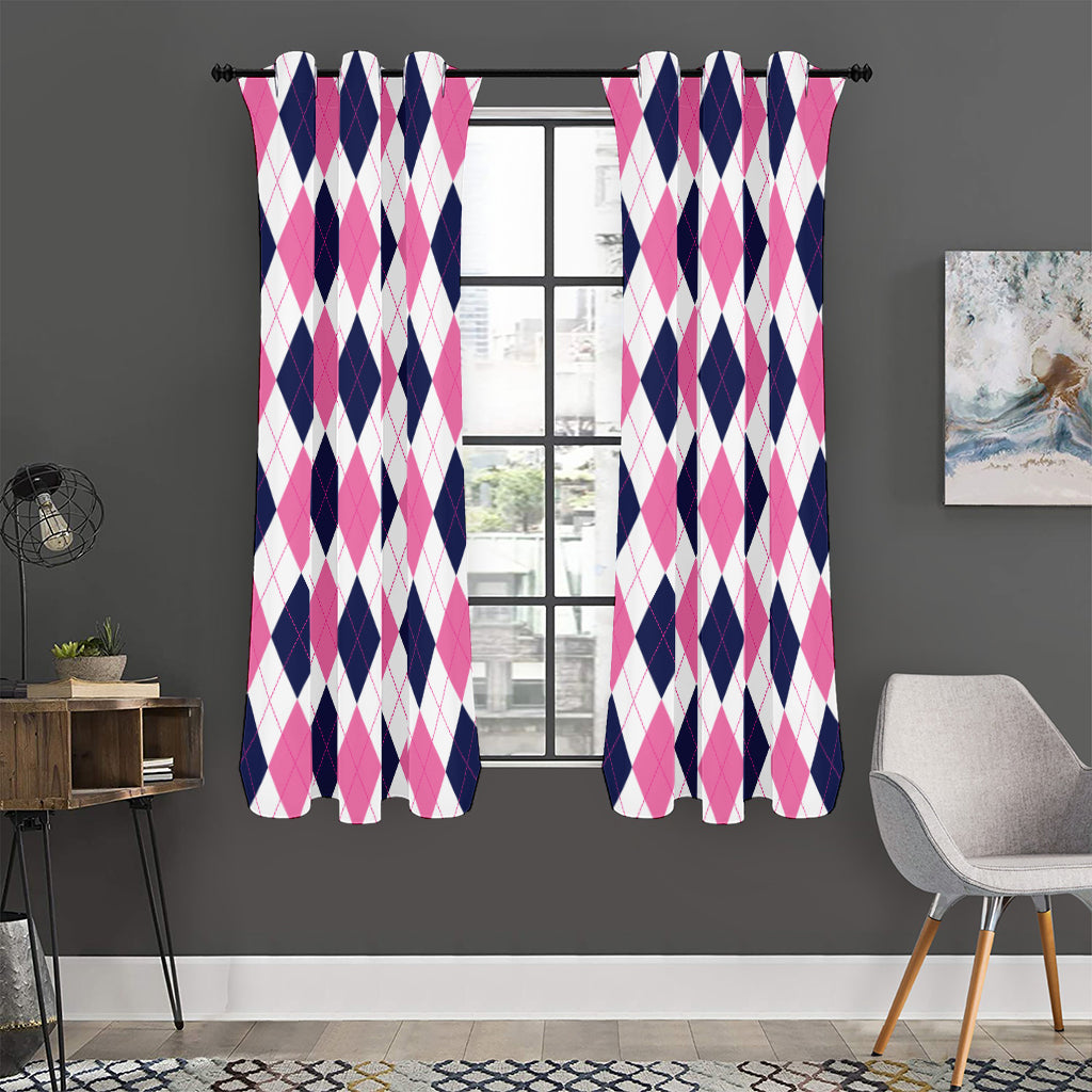 White Blue And Pink Argyle Pattern Print Curtain