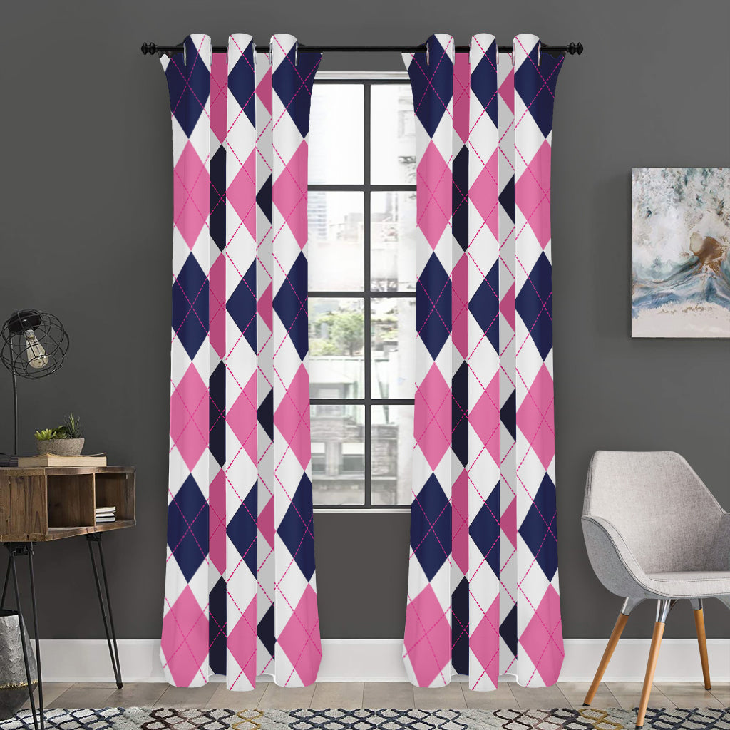 White Blue And Pink Argyle Pattern Print Curtain