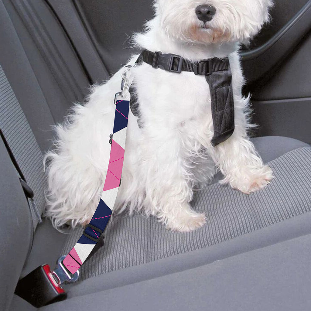 White Blue And Pink Argyle Pattern Print Dog Seat Belt