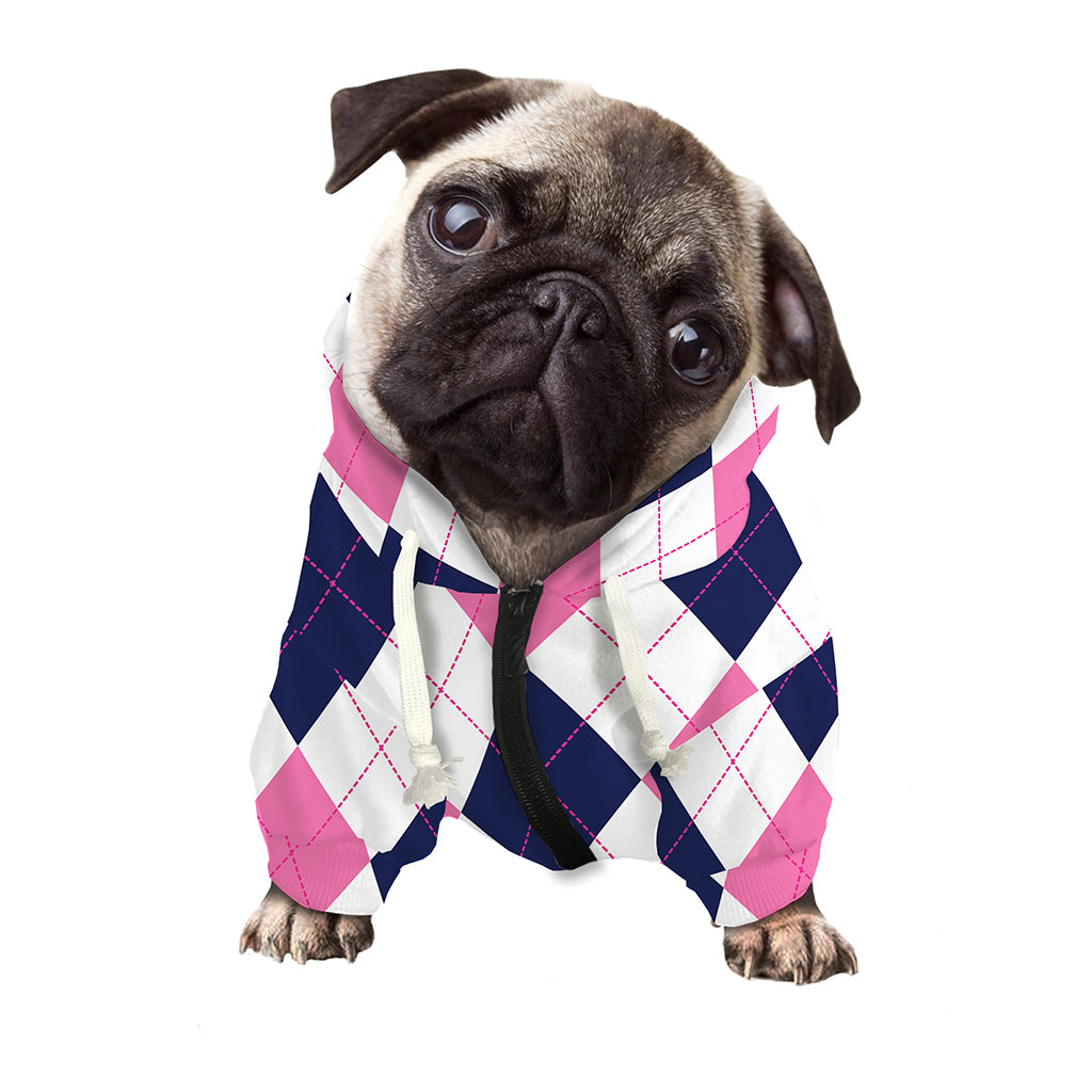 White Blue And Pink Argyle Pattern Print Dog Zip Up Hoodie