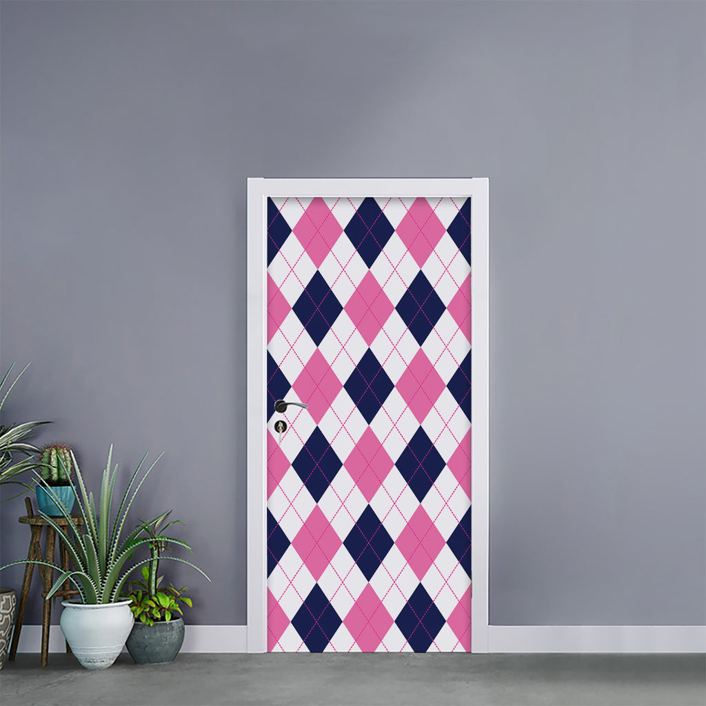 White Blue And Pink Argyle Pattern Print Door Sticker