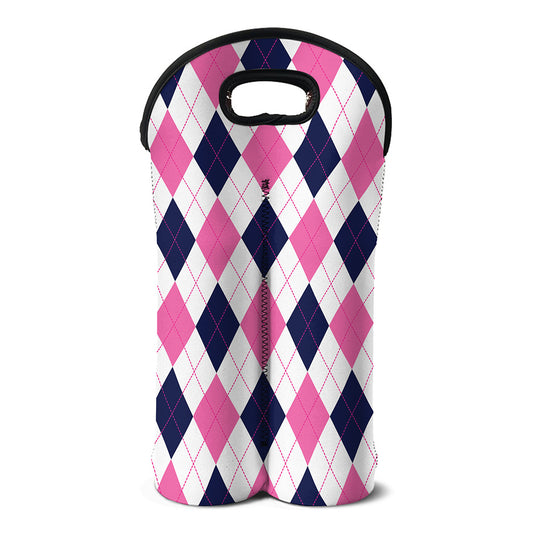 White Blue And Pink Argyle Pattern Print Double Neoprene Wine Tote
