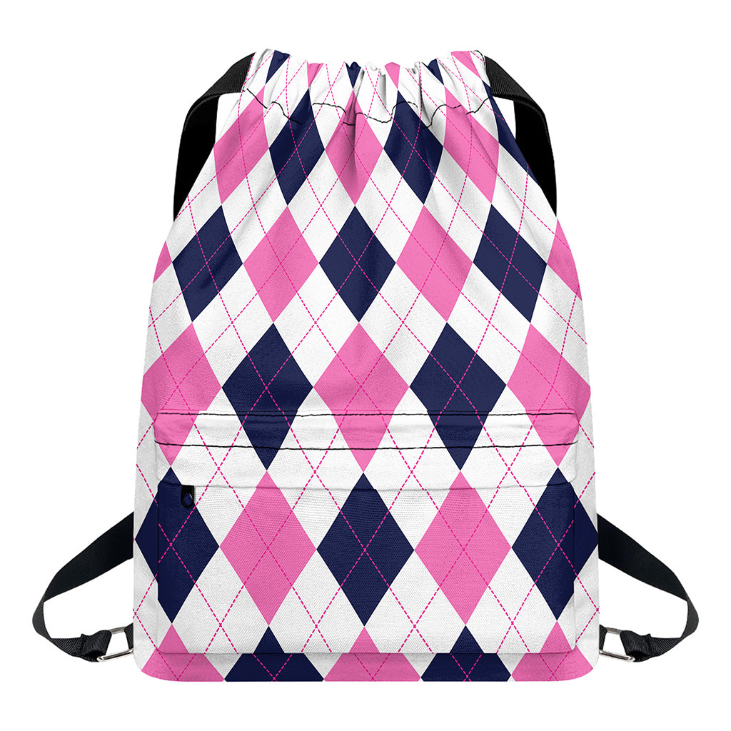 White Blue And Pink Argyle Pattern Print Drawstring Backpack