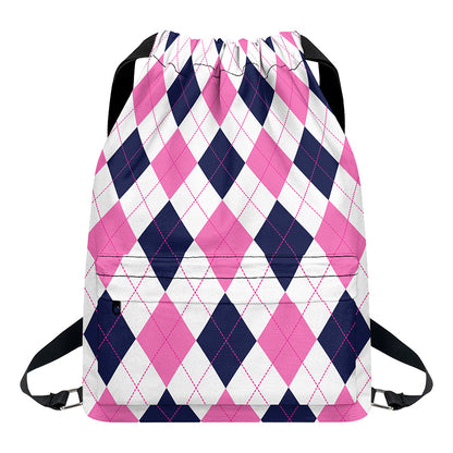 White Blue And Pink Argyle Pattern Print Drawstring Backpack